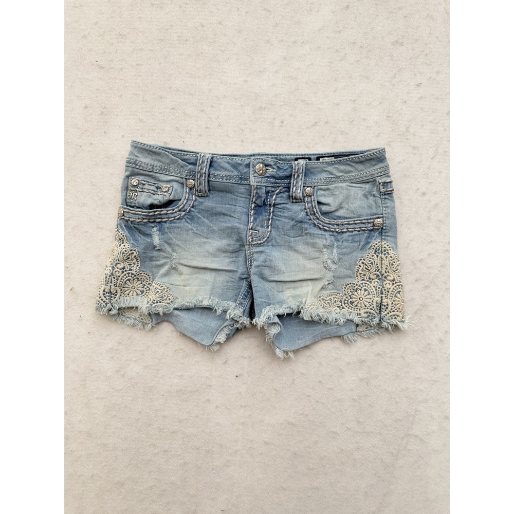 Miss Me Signature Shorts Womens 27 Blue Denim Distressed Floral Lace Applique